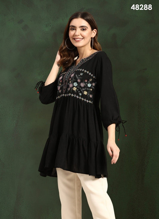 Black Colour Kiara By Mahotsav Embroidery Chinon Western Top