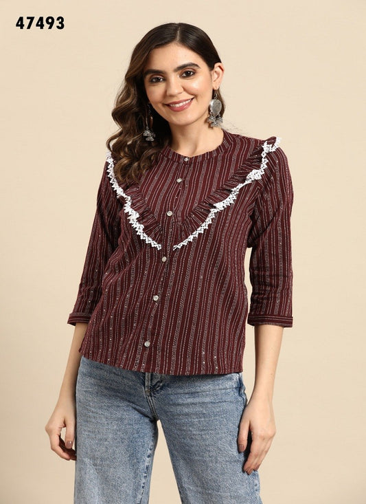 Brown Embroidered Rayon Western Top
