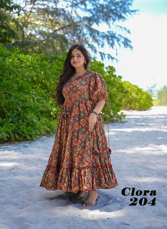 Brown Multi Colour Clora Lucaya Beautiful Printed Flair Rayon Ladies One Piece Western Dress